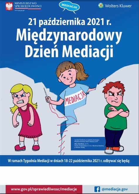 Plakat Międzynarodowego Dnia Mediacji 2021 przedstawiający rysunkowe postacie dzieci w konflikcie i osobę mediatora rówieśniczego