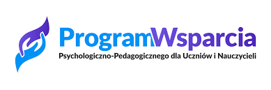 Logotyp Programu Wsparcia Psychologiczno -Pedagogicznego dla Uczniów i Nauczycieli - na białym tle niebiesko - fioletowy napis z grafilką podanych dłoni w tym samym kolorze, znajdujących się po lewej stronie napisu 