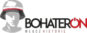 Logo projektu BohaterON. Czarno - czerwona grafika z napisem BOHATERON Włącz historię i obrazkiem Powstańca Warszawskiego.