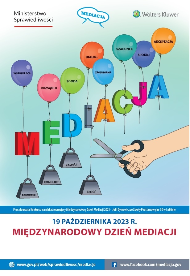 Plakat Międzynarodowego Dnia Mediacji - 19 października 2023 zaprojektowany w ramach zorganizowanego w Polsce konkursu.